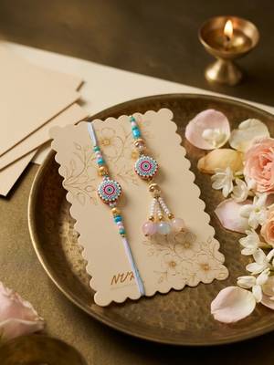 set of 2 floral design bhaiya bhabhi rakhi with roli chawal chandan mishri 2