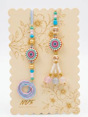 set of 2 floral design bhaiya bhabhi rakhi with roli chawal chandan mishri 4