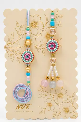 set of 2 floral design bhaiya bhabhi rakhi with roli chawal chandan mishri