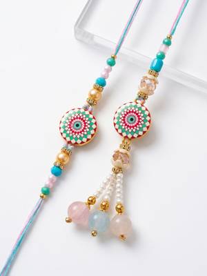 set of 2 floral design bhaiya bhabhi rakhi with roli chawal chandan mishri 5