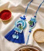 set of 2 peacock design bhaiya bhabhi rakhi with roli chawal chandan mishri