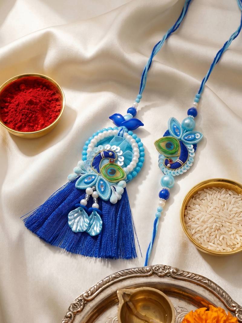 set of 2 peacock design bhaiya bhabhi rakhi with roli chawal chandan mishri