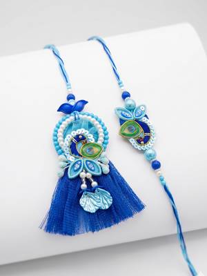 set of 2 peacock design bhaiya bhabhi rakhi with roli chawal chandan mishri 3