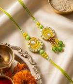 set of 2 artificial beads mirror work bhaiya bhabhi rakhi with roli chawal chandan