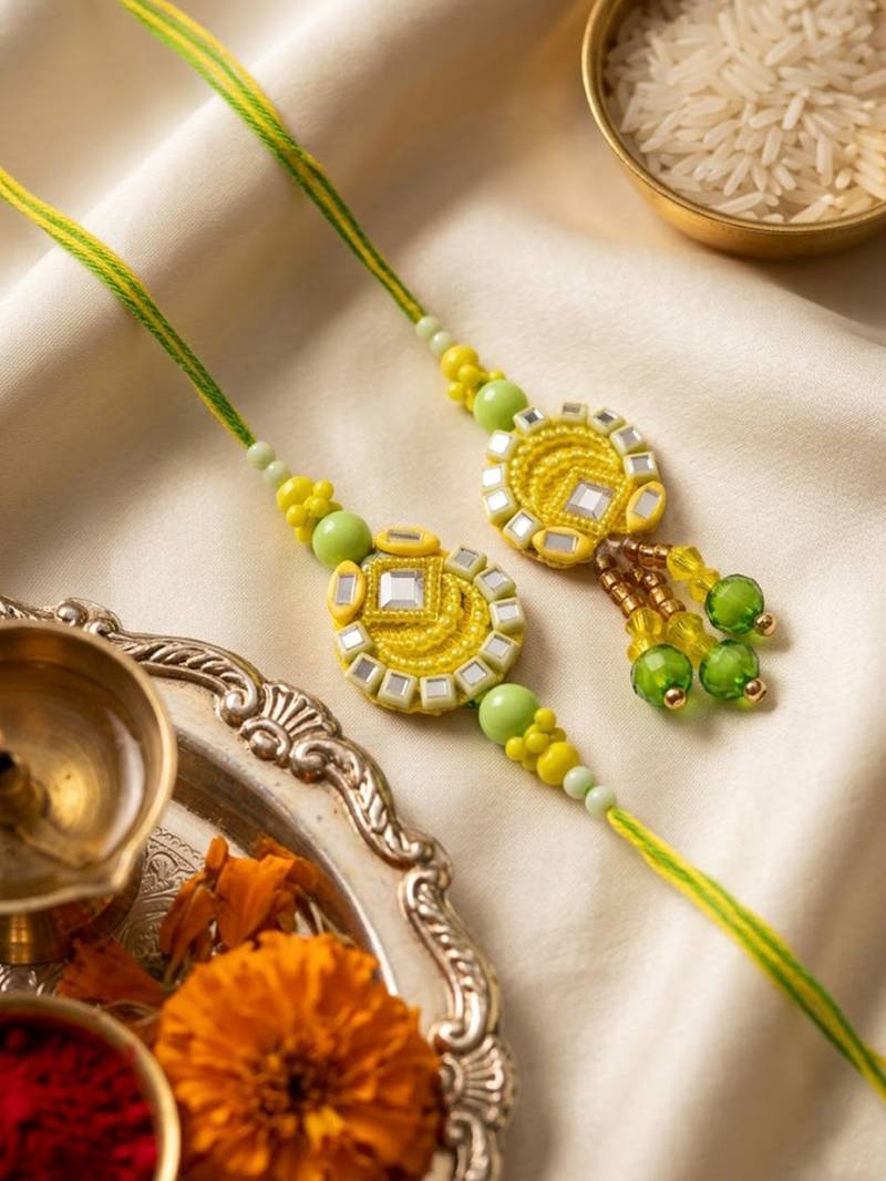 set of 2 artificial beads mirror work bhaiya bhabhi rakhi with roli chawal chandan