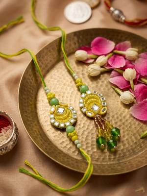 set of 2 artificial beads mirror work bhaiya bhabhi rakhi with roli chawal chandan 2
