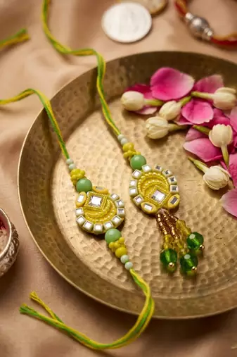 set of 2 artificial beads mirror work bhaiya bhabhi rakhi with roli chawal chandan
