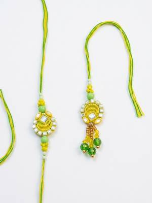 set of 2 artificial beads mirror work bhaiya bhabhi rakhi with roli chawal chandan 3
