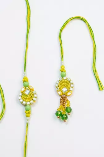 set of 2 artificial beads mirror work bhaiya bhabhi rakhi with roli chawal chandan