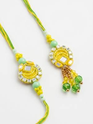 set of 2 artificial beads mirror work bhaiya bhabhi rakhi with roli chawal chandan 4