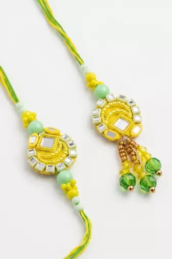 set of 2 artificial beads mirror work bhaiya bhabhi rakhi with roli chawal chandan