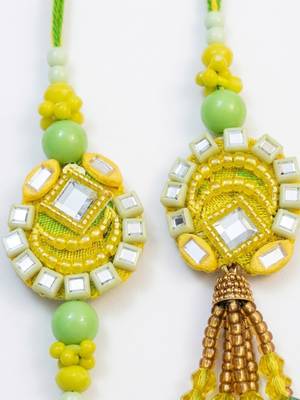 set of 2 artificial beads mirror work bhaiya bhabhi rakhi with roli chawal chandan 5