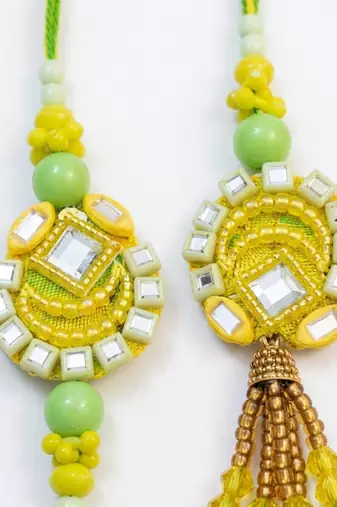 set of 2 artificial beads mirror work bhaiya bhabhi rakhi with roli chawal chandan