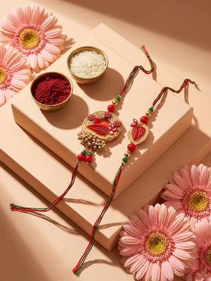 set of 2 artificial beads bhaiya bhabhi rakhi with roli chawal chandan mishri 1