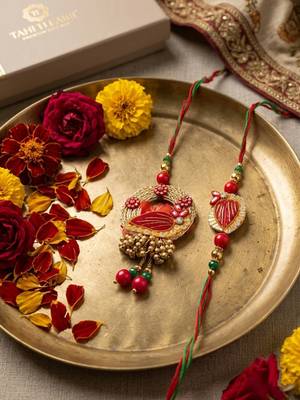 set of 2 artificial beads bhaiya bhabhi rakhi with roli chawal chandan mishri 2
