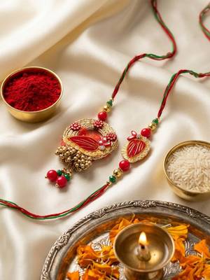 set of 2 artificial beads bhaiya bhabhi rakhi with roli chawal chandan mishri 3