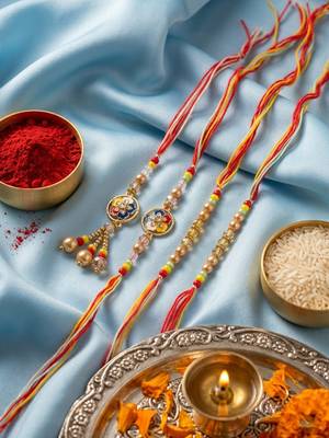 set of 4 artificial beads family pack thread rakhi with roli chawal chandan mishri 1