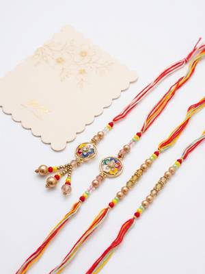 set of 4 artificial beads family pack thread rakhi with roli chawal chandan mishri 2