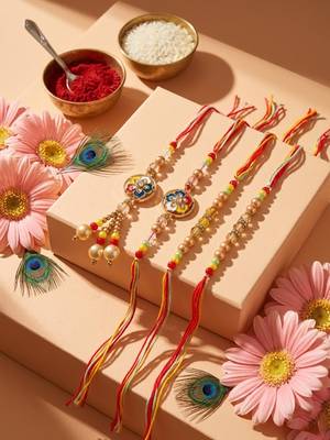 set of 4 artificial beads family pack thread rakhi with roli chawal chandan mishri 3