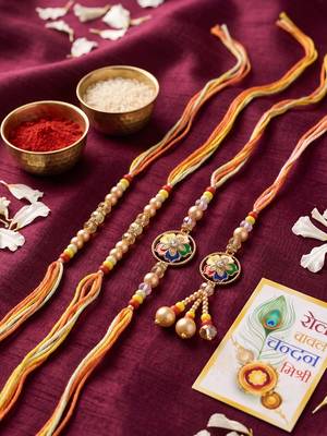 set of 4 artificial beads family pack thread rakhi with roli chawal chandan mishri 4