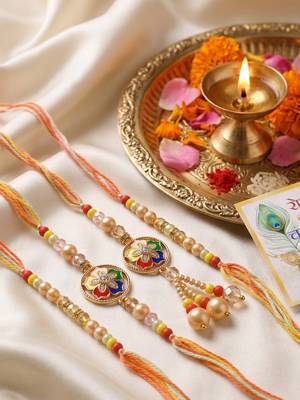 set of 4 artificial beads family pack thread rakhi with roli chawal chandan mishri 5