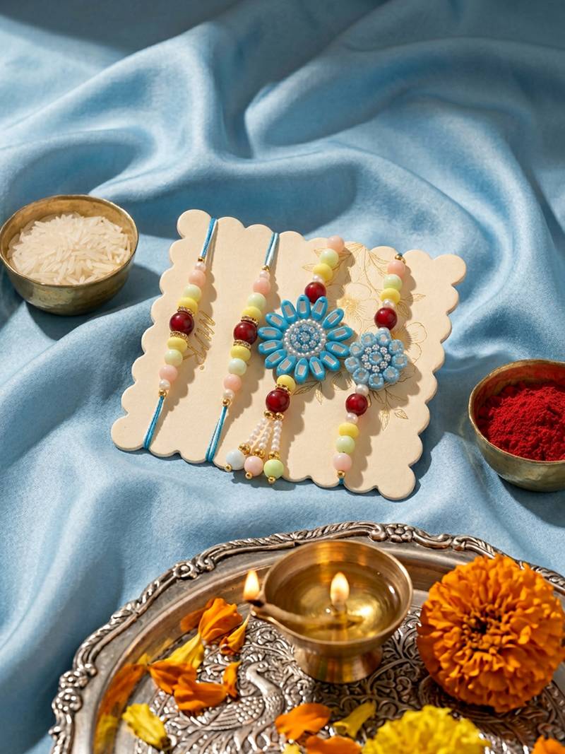 set of 4 family pack beaded thread rakhi with roli chawal chandan mishri