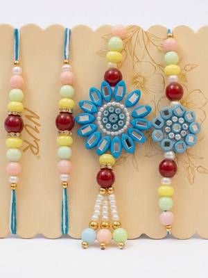 set of 4 family pack beaded thread rakhi with roli chawal chandan mishri 4