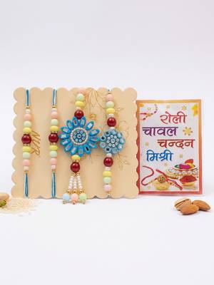 set of 4 family pack beaded thread rakhi with roli chawal chandan mishri 5