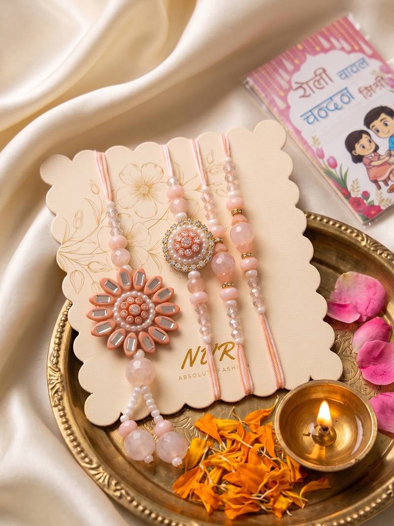 set of 4 beaded family pack thread rakhi with roli chawal chandan mishri