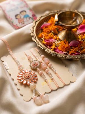 set of 4 beaded family pack thread rakhi with roli chawal chandan mishri 2