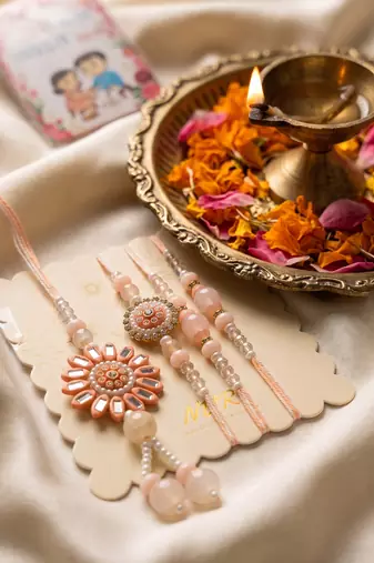 set of 4 beaded family pack thread rakhi with roli chawal chandan mishri