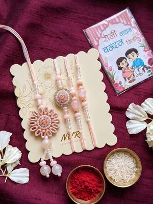 set of 4 beaded family pack thread rakhi with roli chawal chandan mishri 3