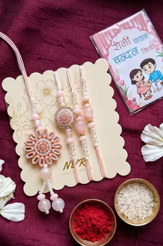 set of 4 beaded family pack thread rakhi with roli chawal chandan mishri