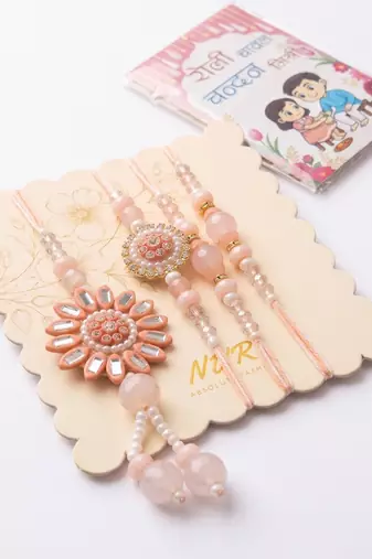 set of 4 beaded family pack thread rakhi with roli chawal chandan mishri