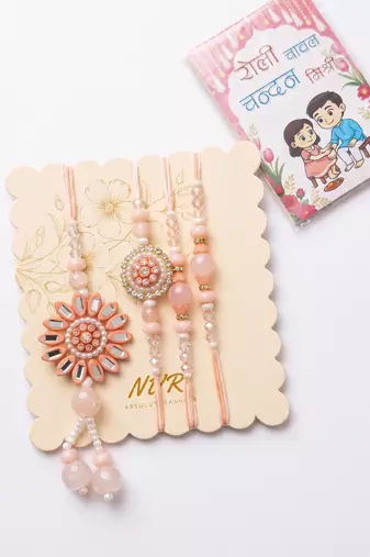 set of 4 beaded family pack thread rakhi with roli chawal chandan mishri