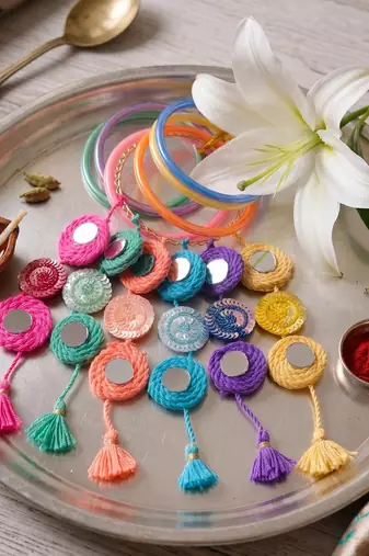 set of 2 bangle style handcrafted bhaiya bhabhi rakhi with roli chawal chandan mishri