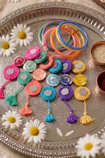 set of 2 bangle style handcrafted bhaiya bhabhi rakhi with roli chawal chandan mishri