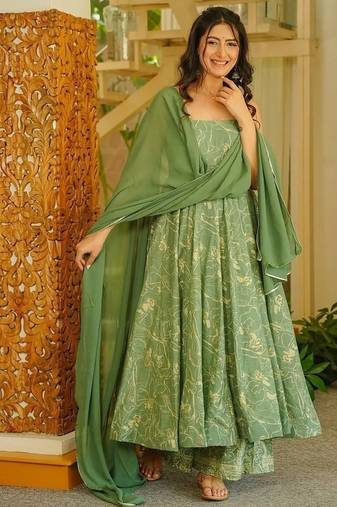 Floral printed muslin square neck green anarkali set