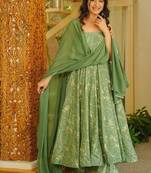 Floral printed muslin square neck green anarkali set