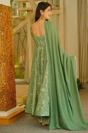 Floral printed muslin square neck green anarkali set