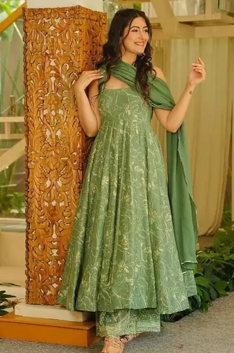 Floral printed muslin square neck green anarkali set