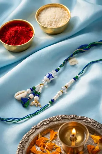 set of 2 traditional bhaiya bhabhi rakhi with roli chawal chandan mishri