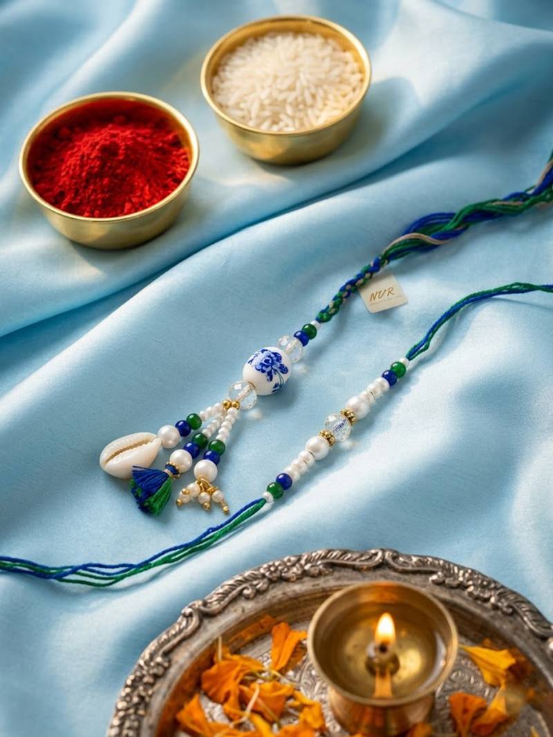 set of 2 traditional bhaiya bhabhi rakhi with roli chawal chandan mishri