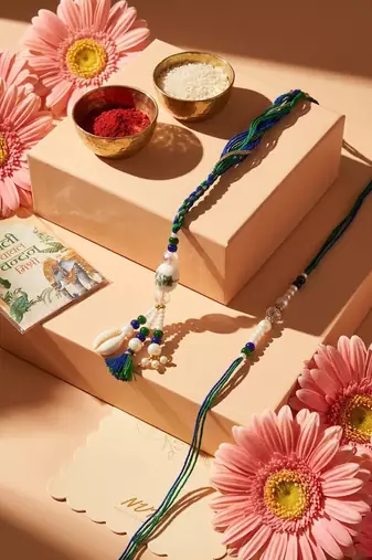set of 2 traditional bhaiya bhabhi rakhi with roli chawal chandan mishri