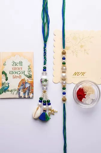 set of 2 traditional bhaiya bhabhi rakhi with roli chawal chandan mishri