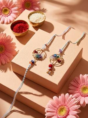 set of 2 artificial stones bhaiya bhabhi rakhi with roli chawal chandan mishri 1