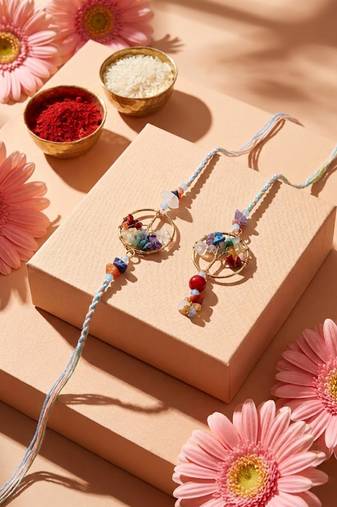 set of 2 artificial stones bhaiya bhabhi rakhi with roli chawal chandan mishri