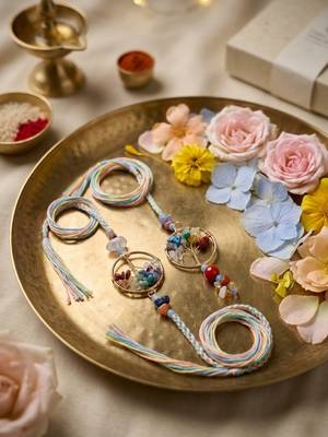 set of 2 artificial stones bhaiya bhabhi rakhi with roli chawal chandan mishri 2