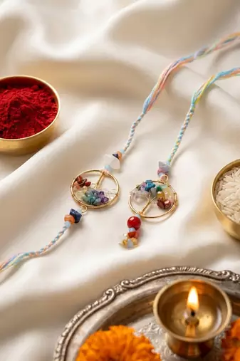 set of 2 artificial stones bhaiya bhabhi rakhi with roli chawal chandan mishri