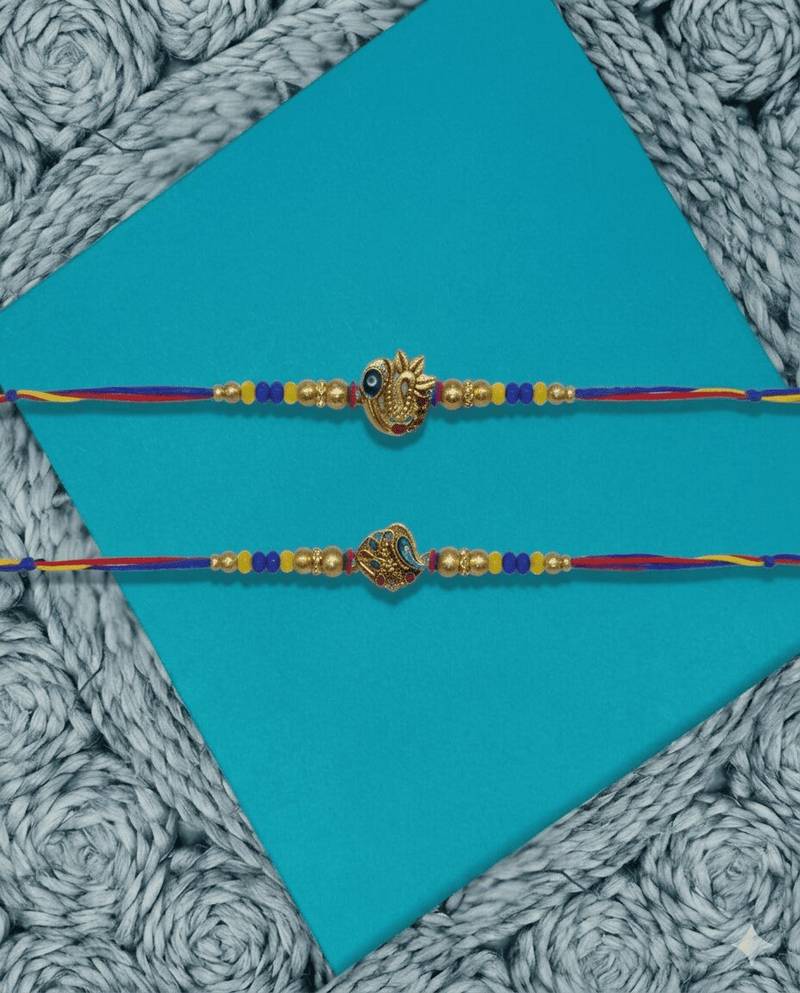 set of 2 peacock design thread rakhi with roli chawal chandan mishri